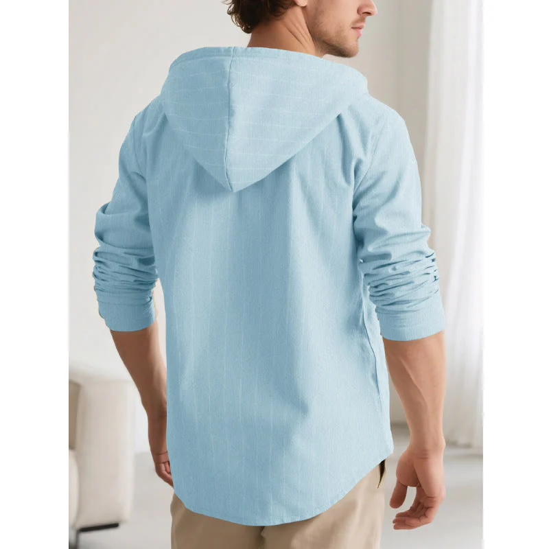 Buddha Stones Solid Long Sleeve Hooded Stripes Drawstring Buttons Linen Men's Shirt