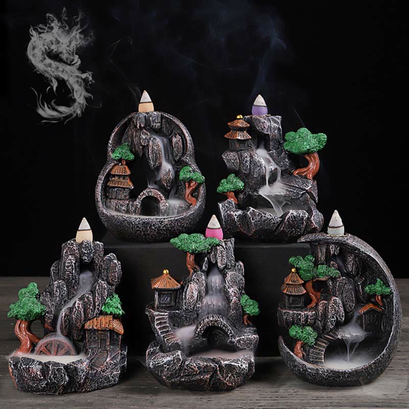 Buddha Stones Mountain Bridges Pattern Meditation Resin Backflow Incense Burner