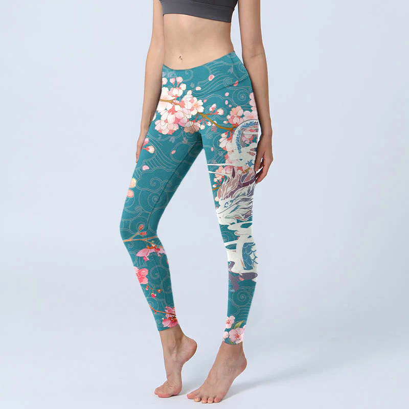 Buddha Stones Dragon Cherry Blossoms Print Gym Leggings Women's Yoga Pants