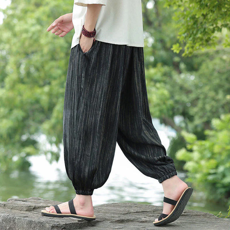 Buddha Stones Summer Black Stripes Drawstring Men's Harem Pants With Pockets