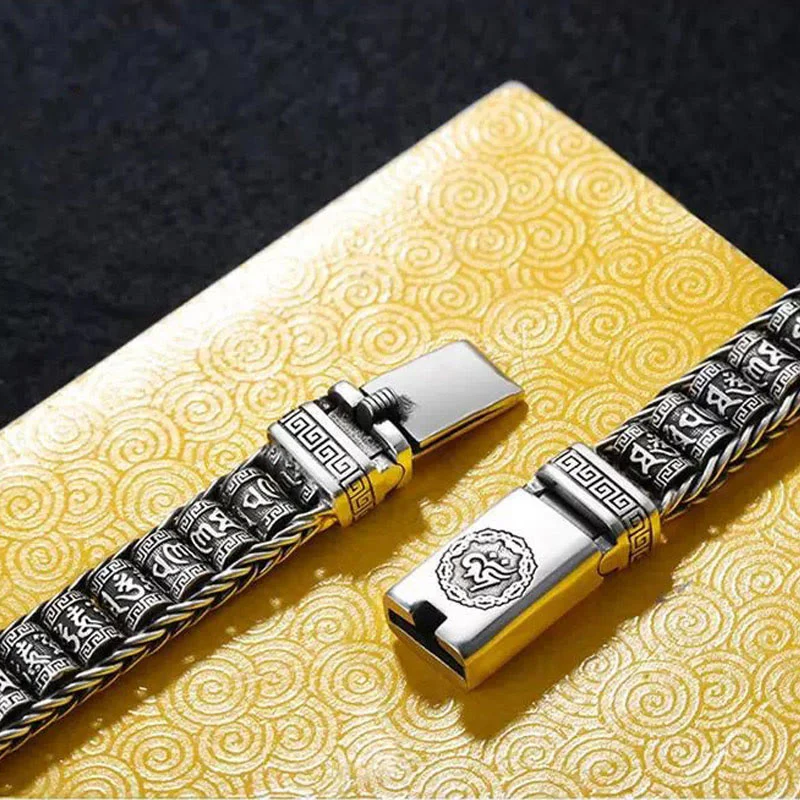 Buddha Stones Tibetan Copper Buckle Om Mani Padme Hum Turntable Rotatable Peace Metal Bracelet