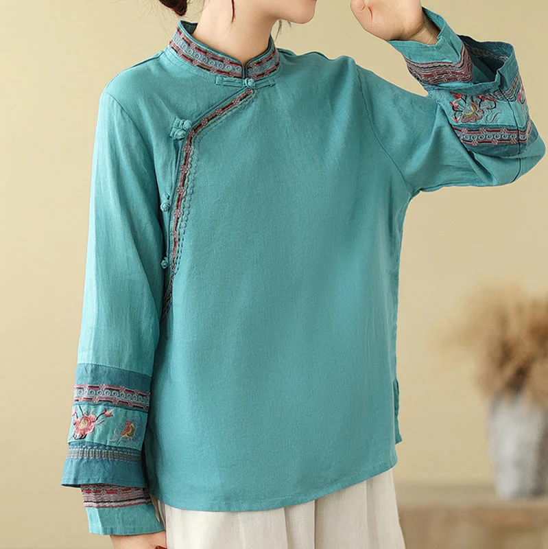 Buddha Stones Embroidered Slanted Buttons Cotton Linen Women's Shirt