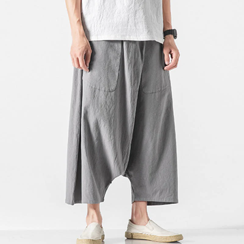 Buddha Stones Casual Low Crotch Design Drawstring Men's 7-8 Length Cotton Linen Wide Leg Pants With Pockets