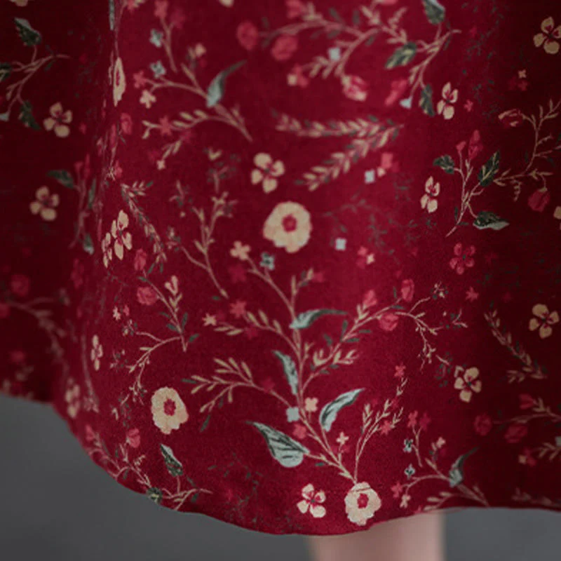 Buddha Stones Ethnic Printing Drawstring Long Sleeve Cotton Linen Midi Dress With Pockets