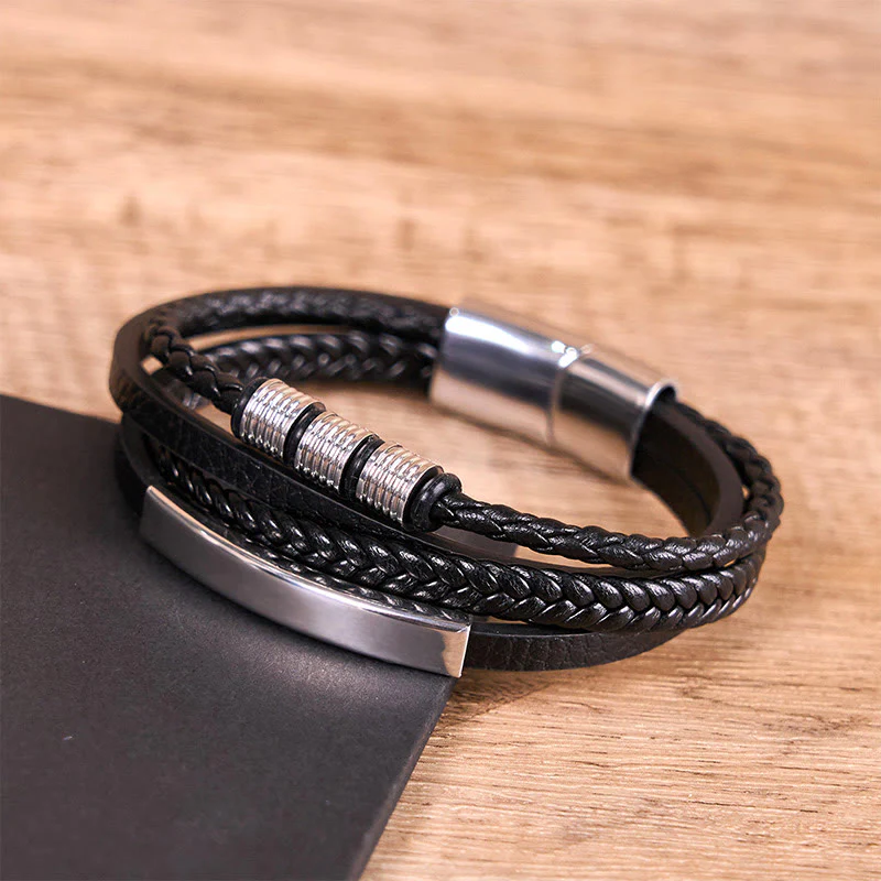 Buddha Stones Fashion Titanium Steel Leather Hand Woven Magnetic Buckle Strengthen Bracelet