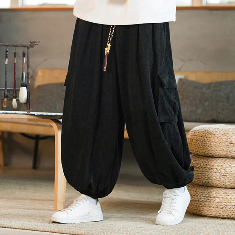 Buddha Stones Fall Winter Men's Drawstring Chenille Corduroy Cargo Pants With Pockets