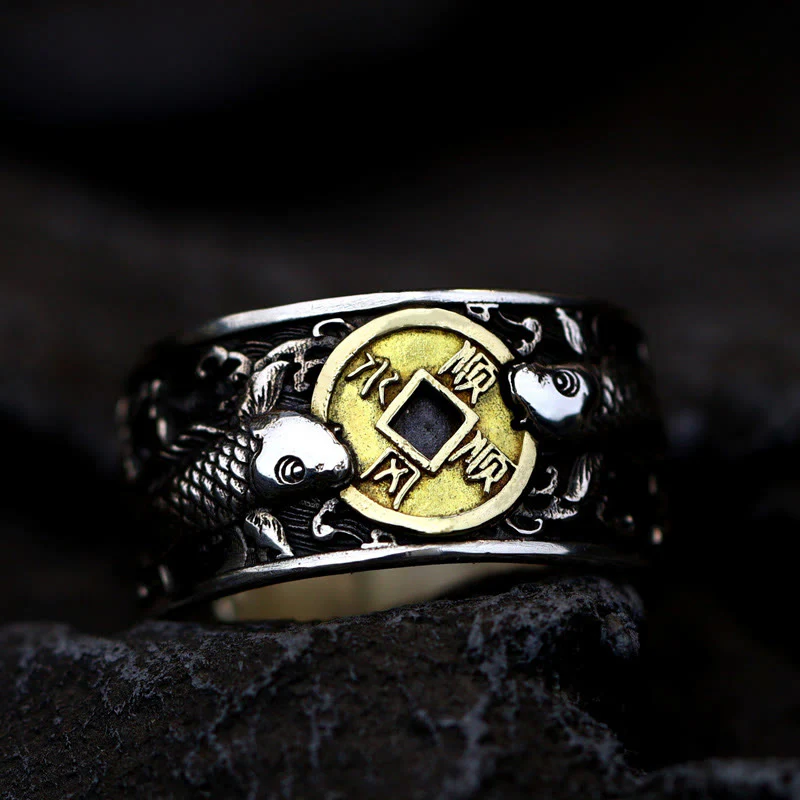 Buddha Stones Adjustable Opening 925 Sterling Silver Lucky Koi Fish Copper Coin Auspicious Clouds Wealth Ring