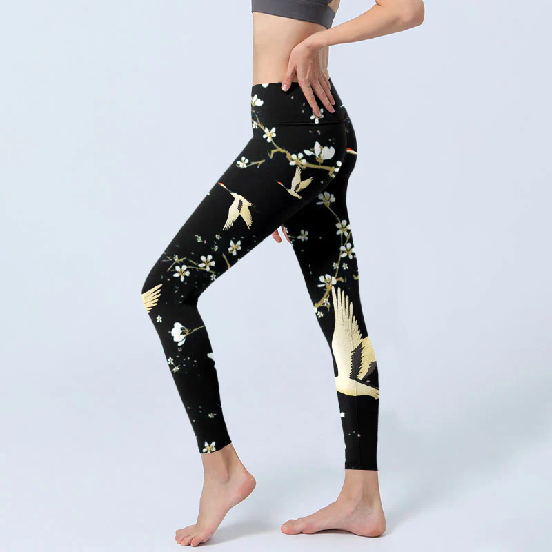 Buddha Stones Red-crowned Cranes Plum Blossoms Pattern Print Gym Leggings Women's Yoga Pants