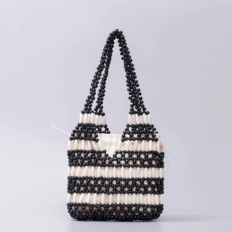 Buddha Stones Hand-woven Round Wooden Beads Handbag