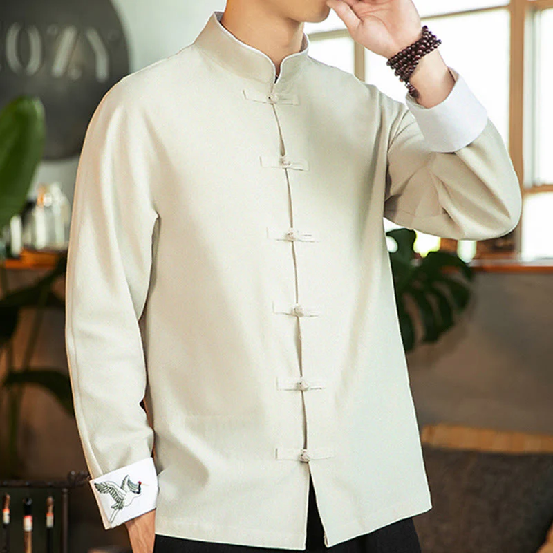 Buddha Stones Tang Suit Frog-Button Crane Embroidery Long Sleeve Cotton Men's Shirt
