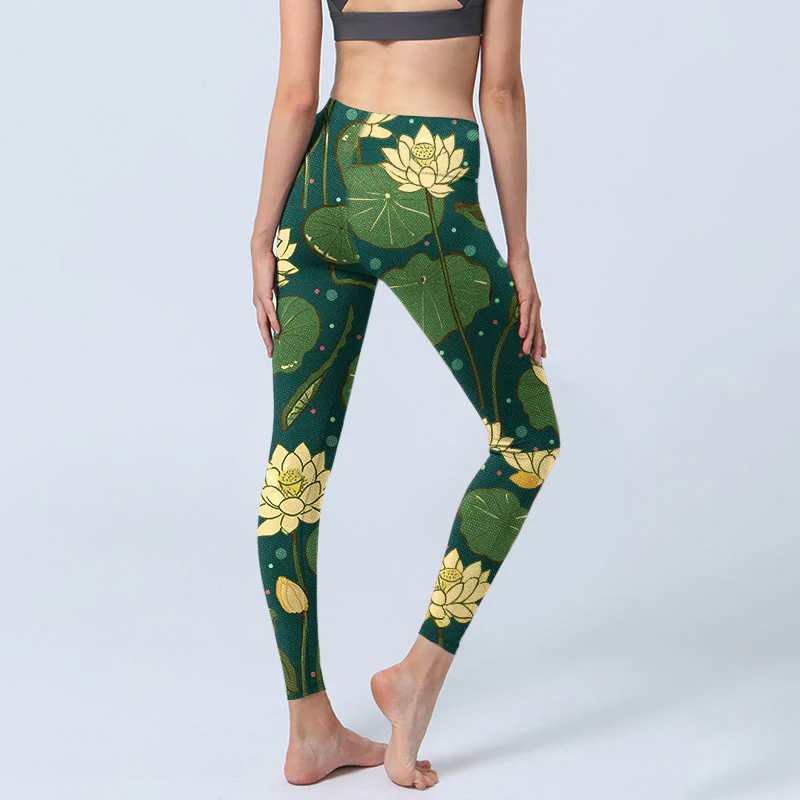 Buddha Stones Blooming Lotus Flower Lotus Leaves Pattern Print Gym Leggings Women's Yoga Pants