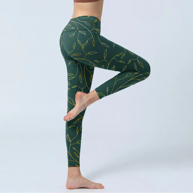 Buddha Stones Green Golden Leaves Branches Print Gym Leggings Women's Yoga Pants
