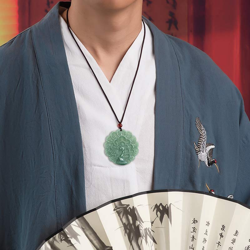 Buddha Stones Natural Jade Peacock Luck Prosperity Necklace Pendant