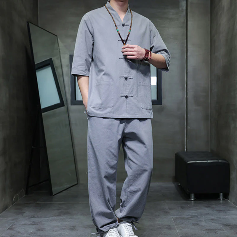 Buddha Stones 2Pcs Tang Suit Frog-Button Design Shirt Pants With Pockets Men's Cotton Linen Meditation Cloth Set