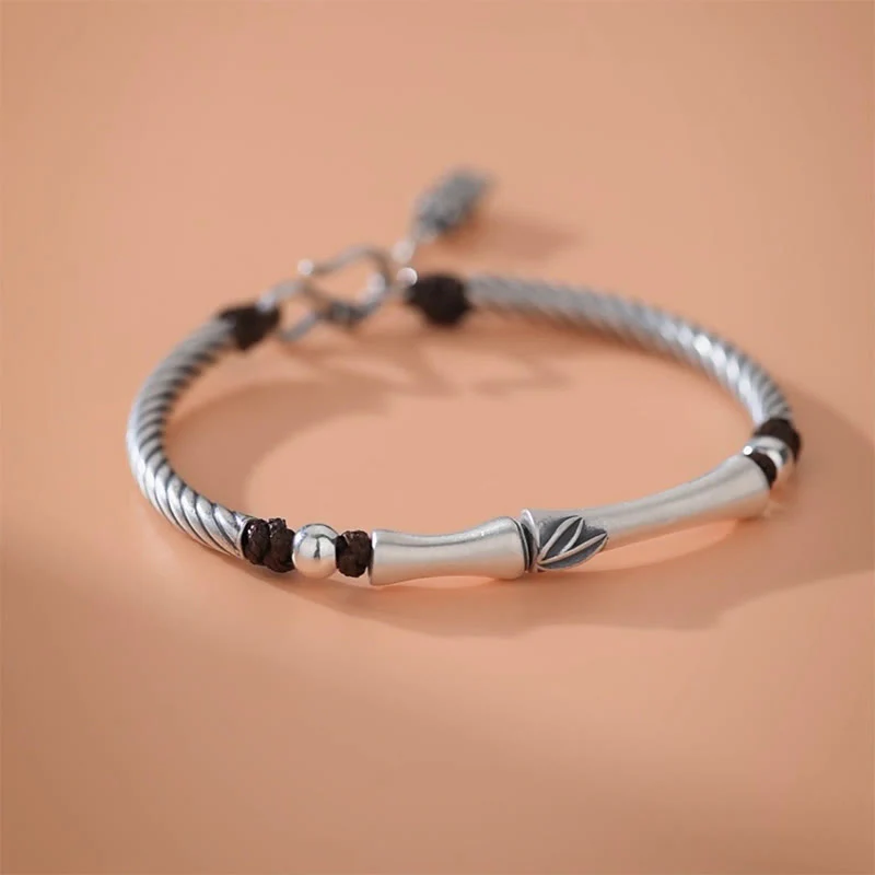 Buddha Stones 999 Sterling Silver Bamboo Pattern Cicada Luck Wealth Bracelet