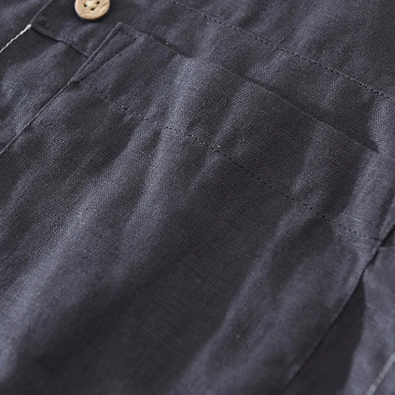 Buddha Stones Summer Half Buttons Design Lapel Men's Short Sleeve Linen Shirt With Pocket