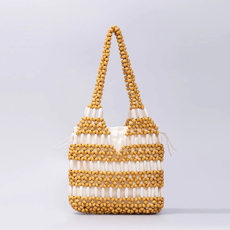 Buddha Stones Hand-woven Round Wooden Beads Handbag