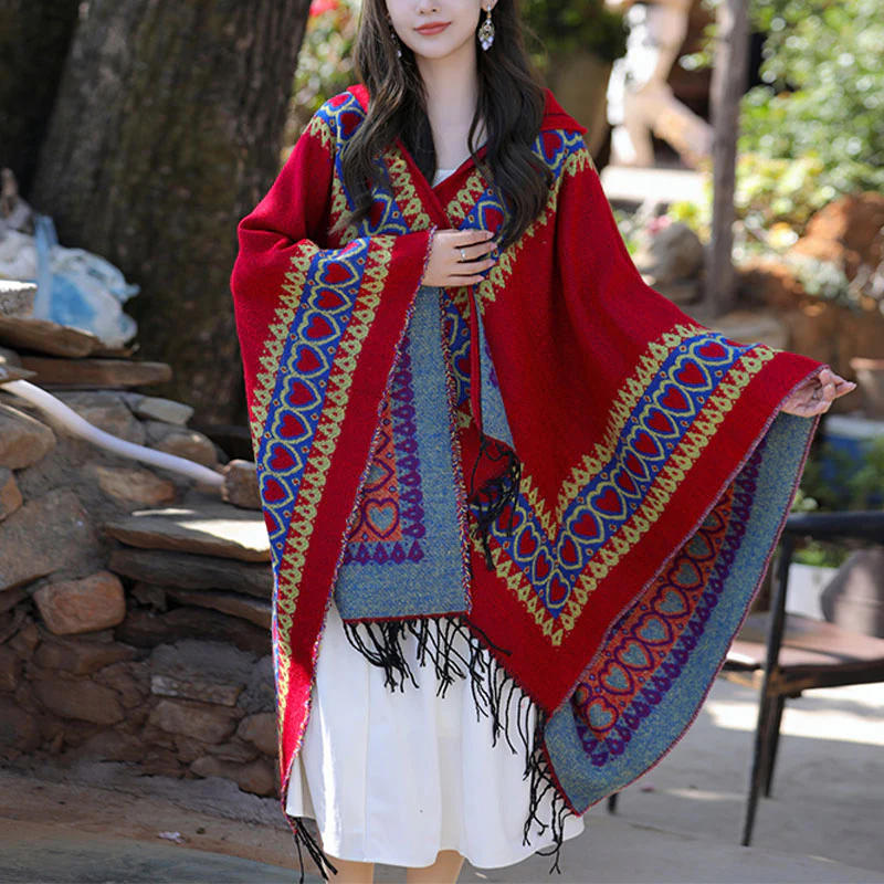 Buddha Stones Tibetan Shawl Red Love Heart Tassel Hooded Cloak Winter Cozy Travel Scarf Wrap