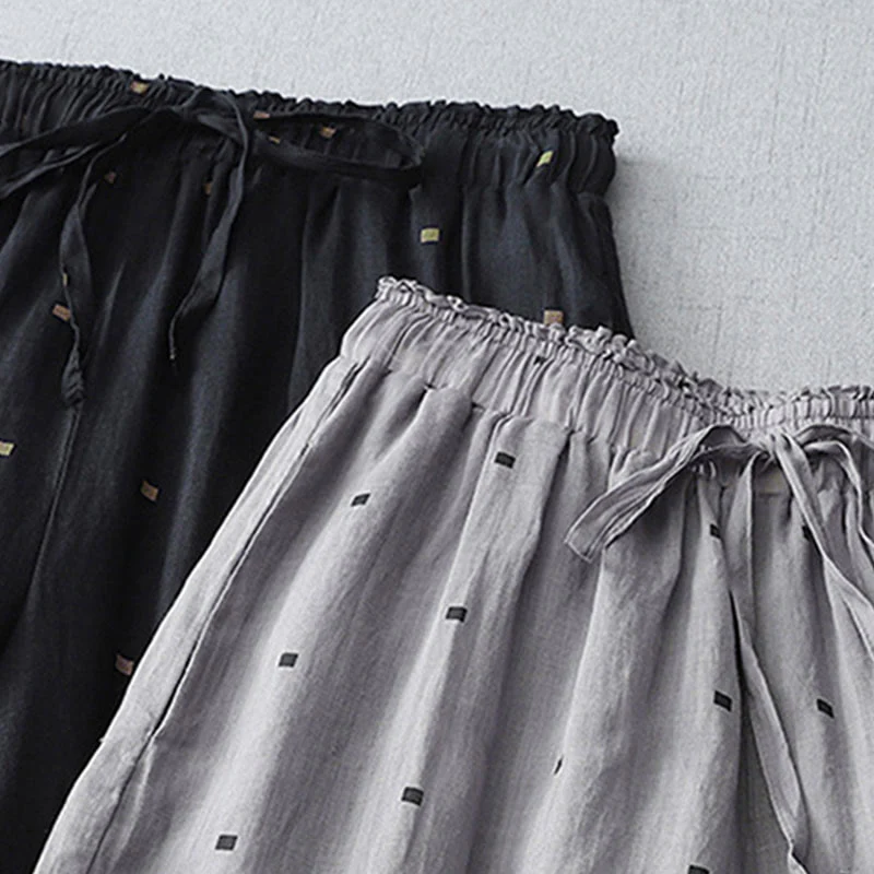 Buddha Stones Summer Casual Polka Dot Pattern Design Cotton Linen Women's Wide Leg Pants With Pockets