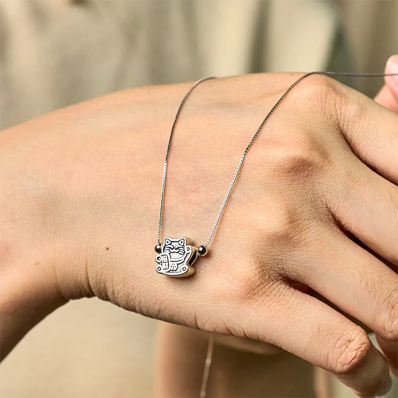 Buddha Stones 999 Sterling Silver Fortune Cat Protection 925 Sterling Silver Chain Necklace Pendant