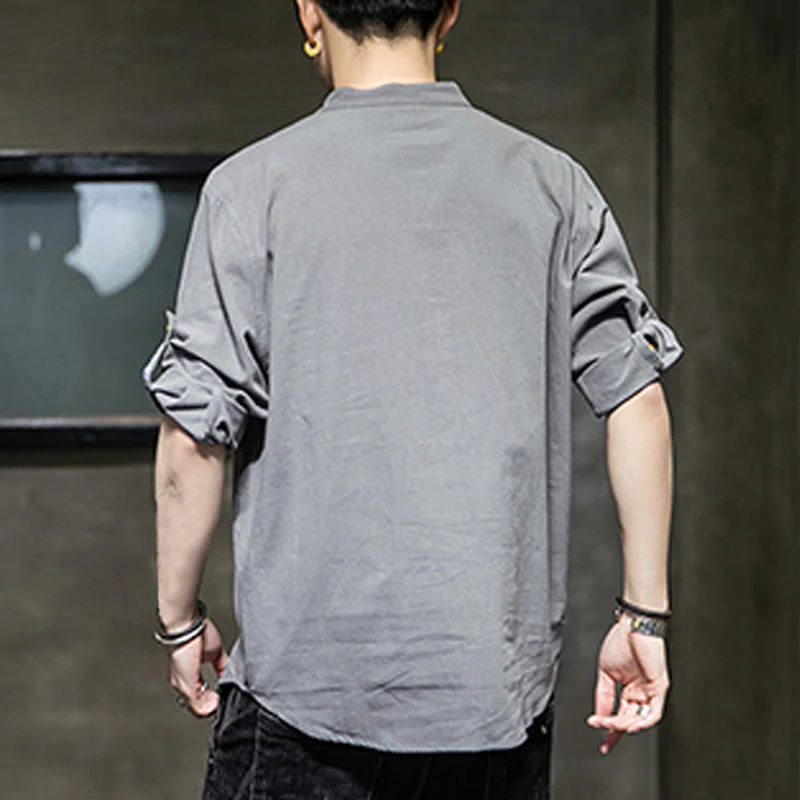 Buddha Stones Summer Solid Men's Half Buttons Half Sleeve Linen Shirt