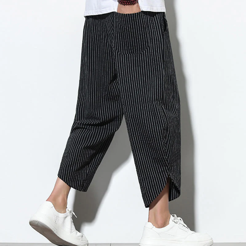Buddha Stones Summer Stripes Pattern Drawstring Cotton Linen Men's 7-8 Length Harem Pants With Pockets
