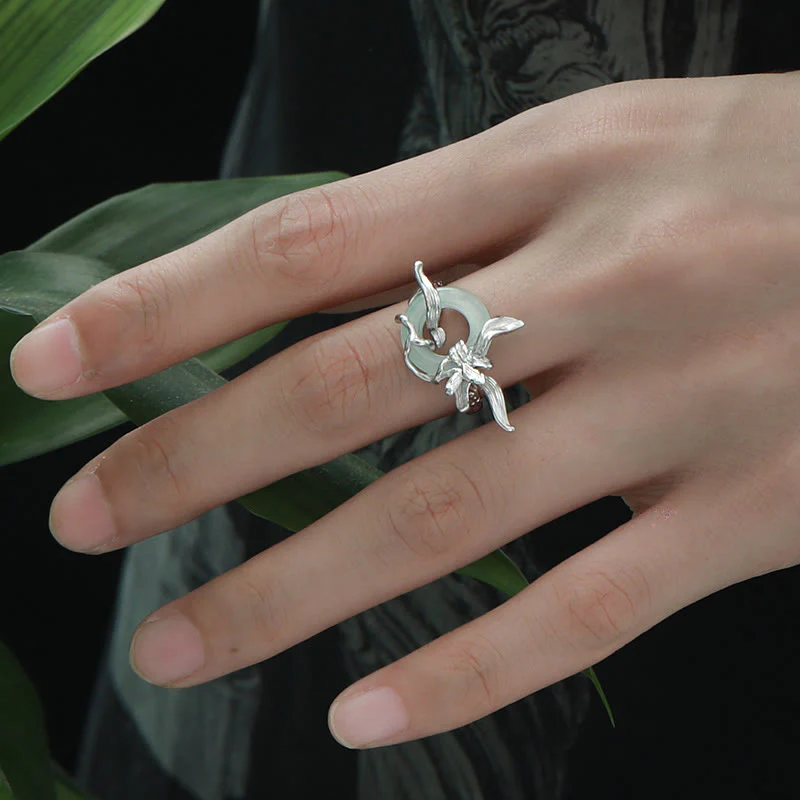 Buddha Stones 925 Sterling Silver Iris Design Peace Buckle Quartzite Jade Balance Ring