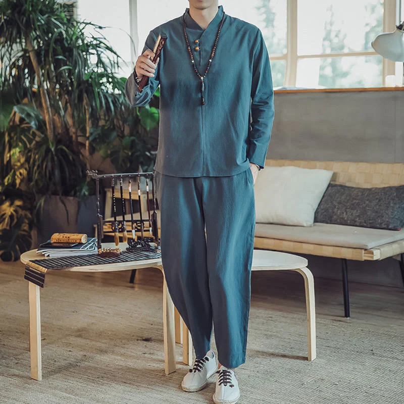 Buddha Stones 2Pcs Cotton Shirt Ankle-Length Pants With Pockets Men's Meditation Cloth Set