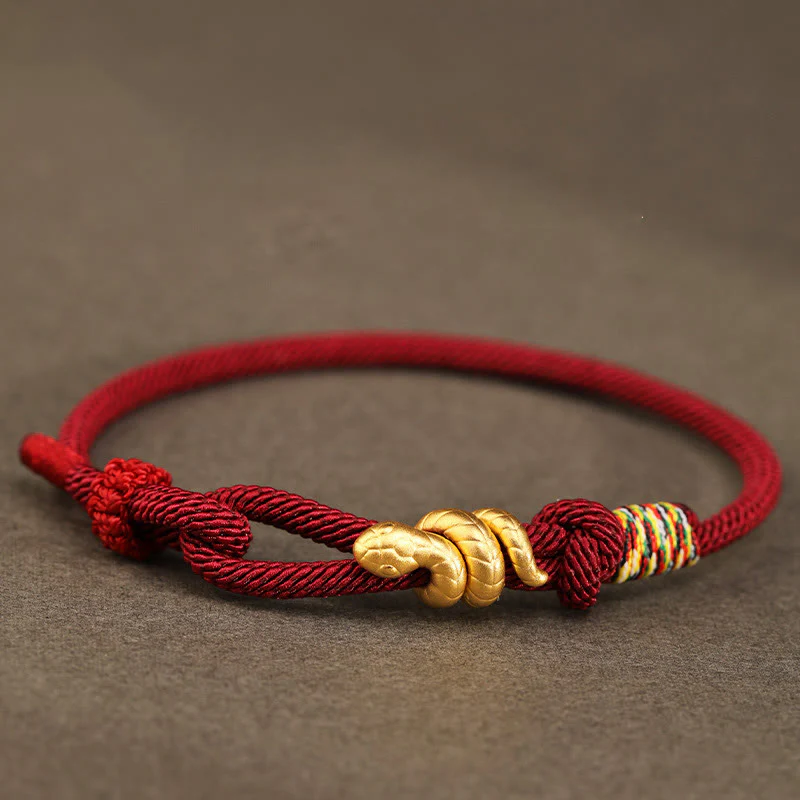Buddha Stones 999 Gold Year of the Snake Design Handmade Luck Protection Rope Braided Bracelet