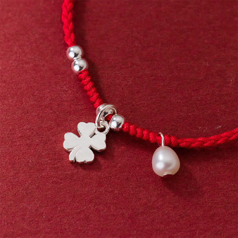 Buddha Stones Retro 925 Sterling Silver Four Leaf Clover Pearl Luck Red String Bracelet