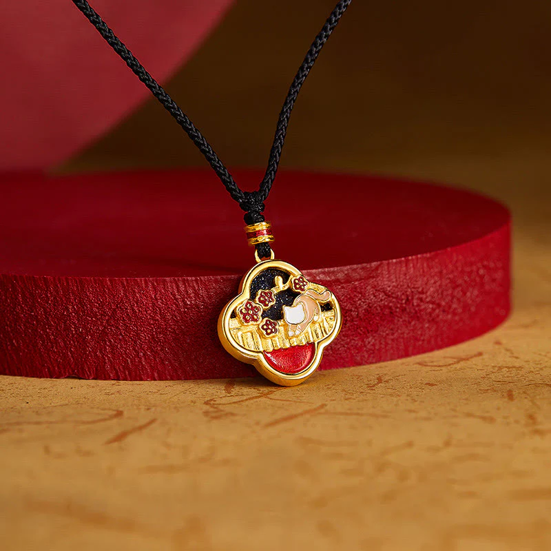 Buddha Stones 925 Sterling Silver Plum Blossom Cat Four Leaf Clover Blessing Necklace Pendant