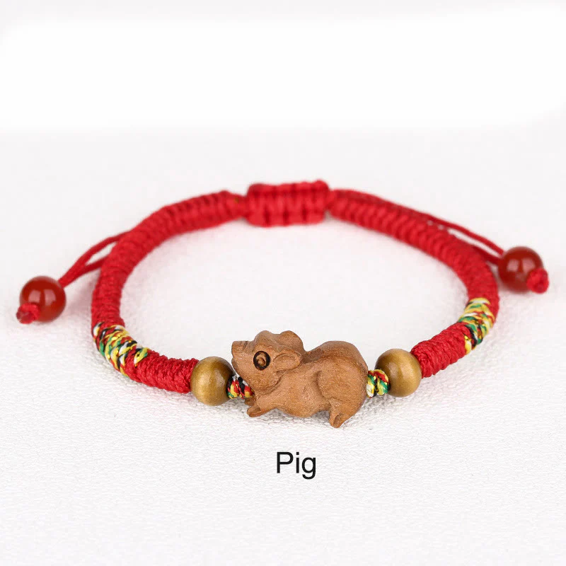 Buddha Stones Handmade Chinese Zodiac Red String Peach Wood Luck Bracelet