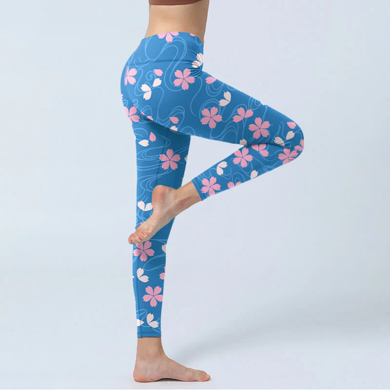 Buddha Stones Pink Cherry Blossoms Lines Print Gym Leggings Women's Yoga Pants