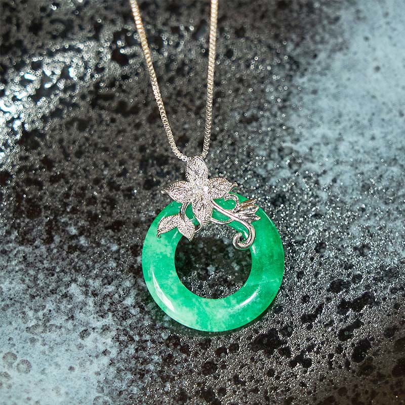 Buddha Stones Cyan Jade Peace Buckle Alloy Flower Healing Luck Necklace Pendant