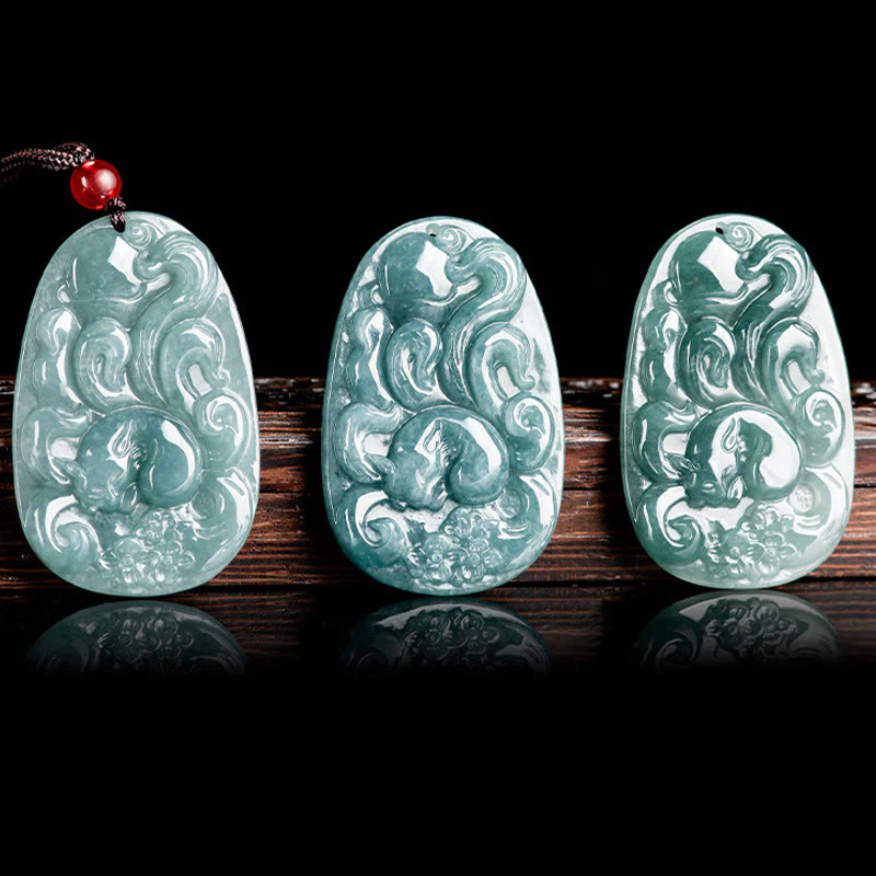 Buddha Stones Natural Green Jade Nine Tailed Fox Flowers Luck Necklace Pendant