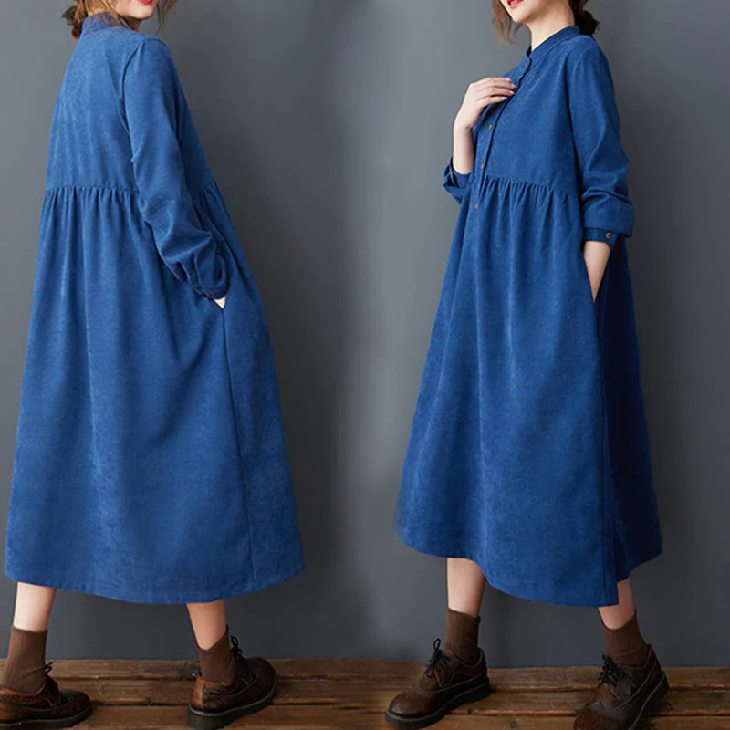Buddha Stones Casual Plain Buttons Design Thermal Cotton Linen Midi Dress With Pockets
