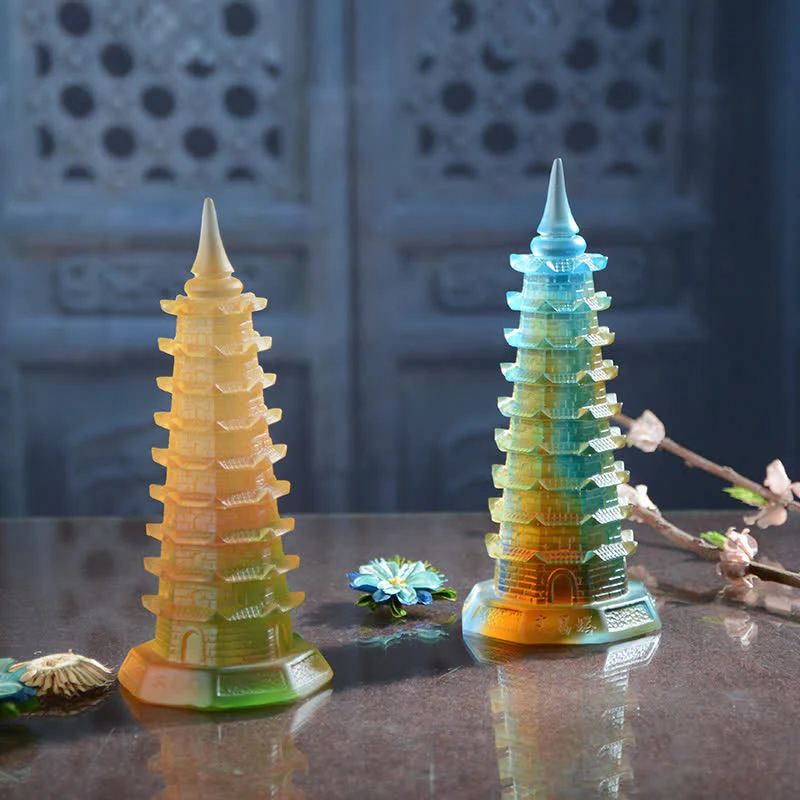 Buddha Stones Feng Shui Wenchang Tower Handmade Liuli Crystal Pagoda Art Piece Luck Home Office Decoration