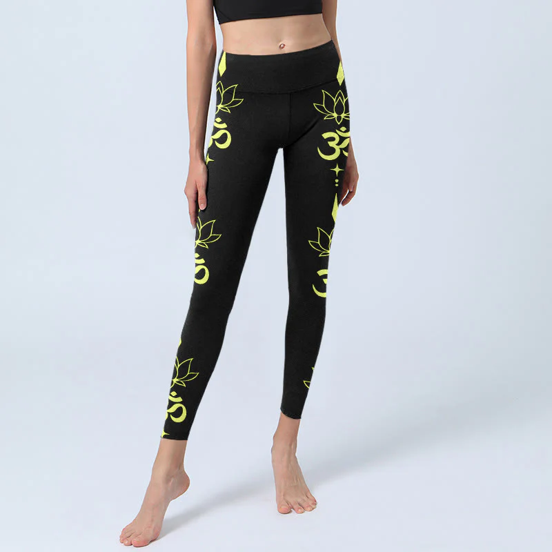 Buddha Stones Lotus Flower OM Symbol Print Gym Leggings Women's Yoga Pants