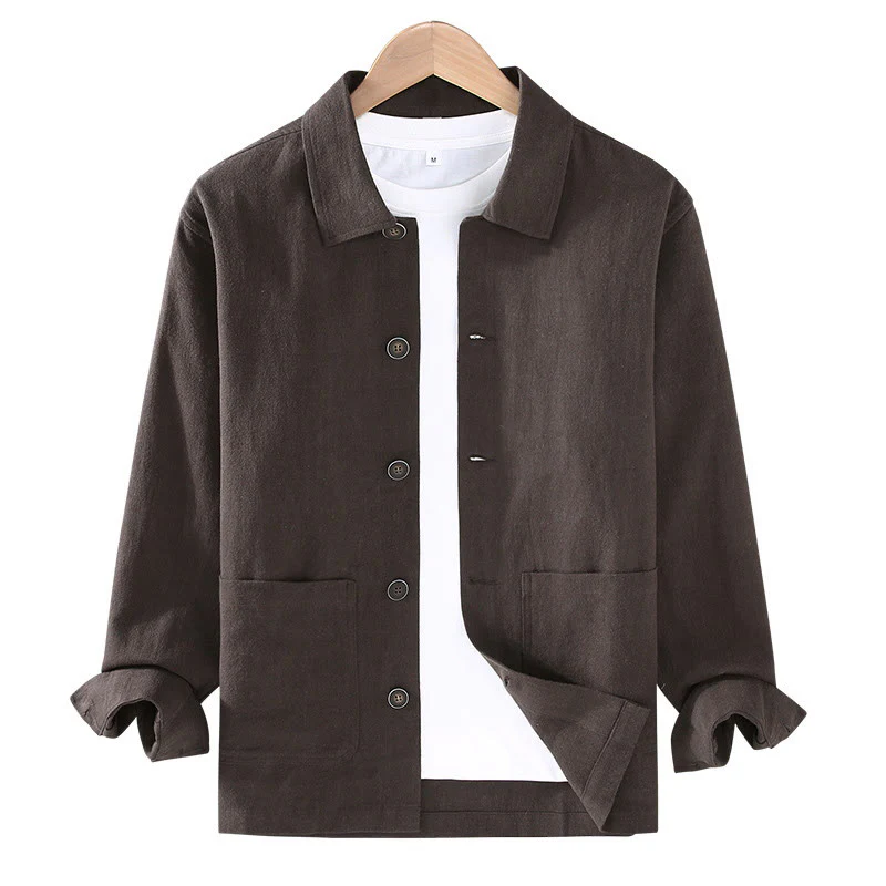 Buddha Stones Casual Plain Long Sleeve Button Lapel  Design Men's Ramie Linen Jacket With Pockets