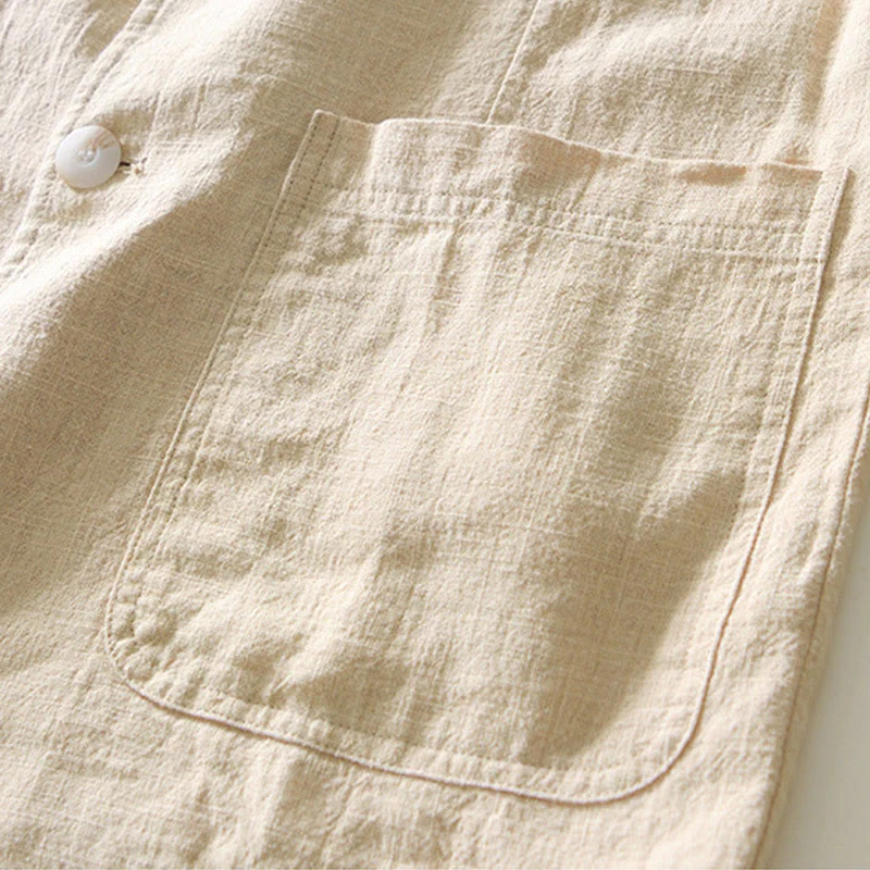 Buddha Stones Long Sleeve Button Placket Design Men's Cotton Linen Jacket Shirt With Pockets