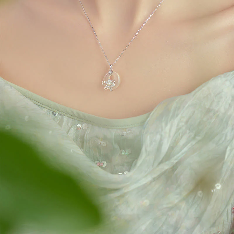 Buddha Stones Chalcedony Peace Buckle 999 Sterling Silver Lotus Positive Necklace Pendant