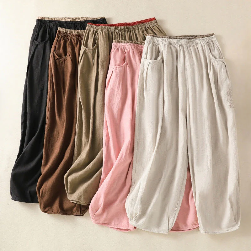 Buddha Stones Casual Embroidery Women's Cotton Linen 7-8 Length Harem Pants With Pockets