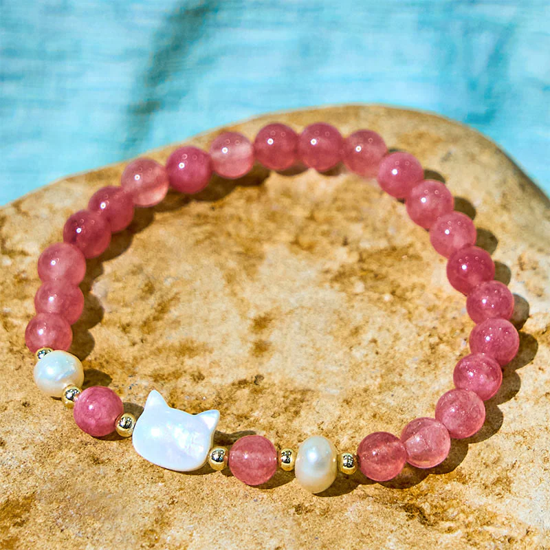 Buddha Stones Strawberry Quartz Pearl Cat Rabbit Healing Bracelet