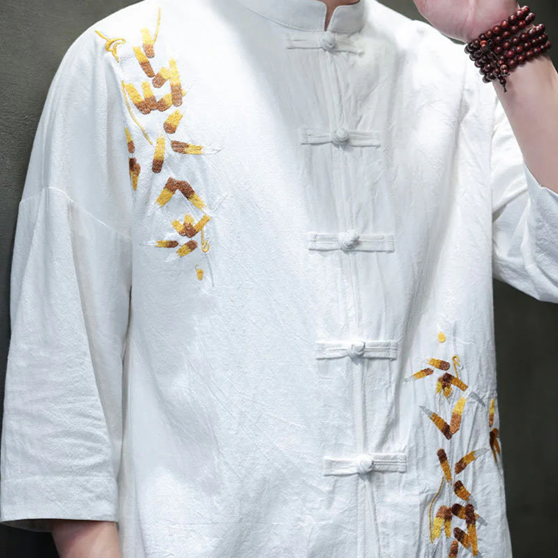Buddha Stones Embroidery Men's  Chinese Frog-Button Three Quarter Sleeve Shirt Clothing