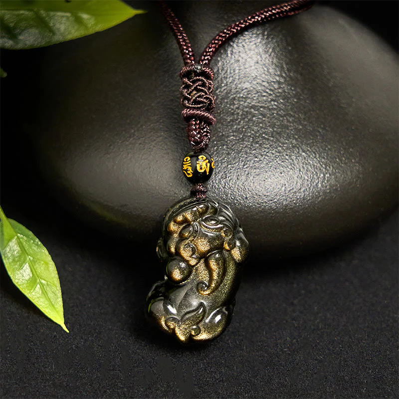 Buddha Stones Gold Sheen Obsidian PiXiu Wealth Rope Necklace Pendant