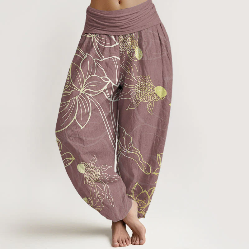 Buddha Stones Pure Cotton Lotus Leaf Koi Fish Women's Elastic Waist Harem Pants