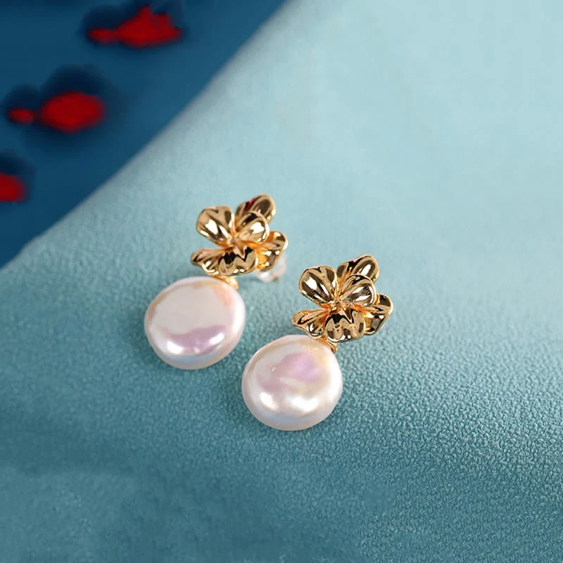 Buddha Stones 925 Sterling Silver Natural Baroque Pearl Flower Healing Drop Earrings
