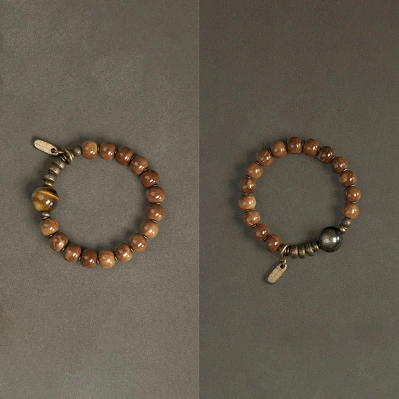 Buddha Stones Kuka Seed Tiger Eye Gold Sheen Obsidian Copper Wealth Luck Bracelet