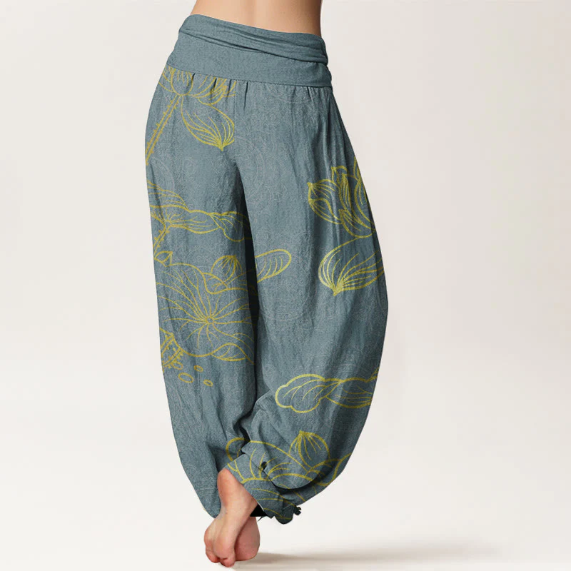 Buddha Stones Pure Cotton Golden Lotus Mandala Pattern Women's Elastic Waist Harem Pants