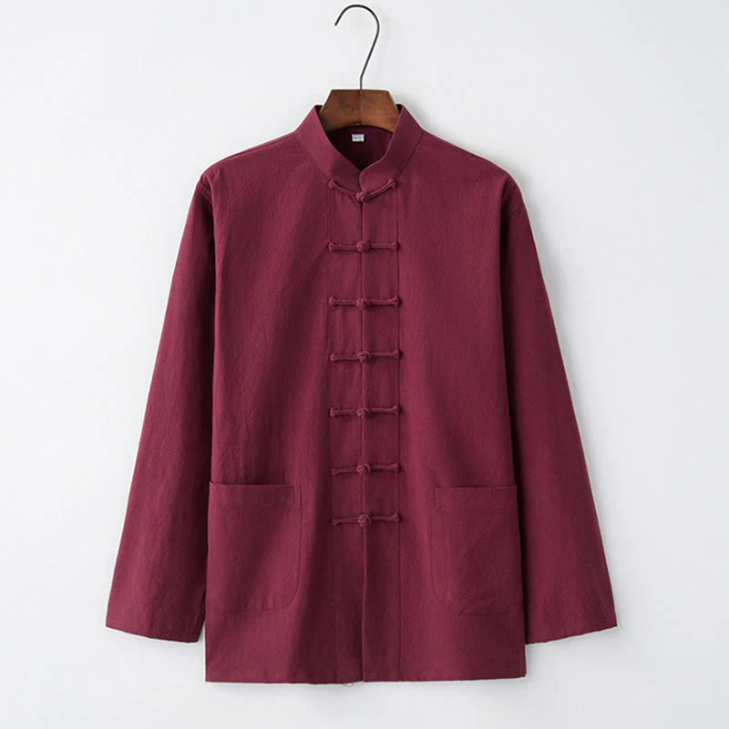 Buddha Stones Tang Frog-Button Long Sleeve Shirt Cotton Men's Clothing